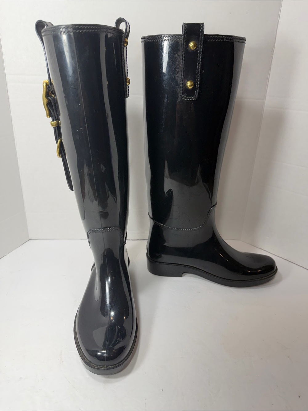 Coach Tasha Black Shiny Finish Rubber Boots Size 5 Rare